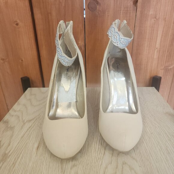 Cream Platform Heels with Pearl Embellished Ankle Straps - Picture 6 of 12